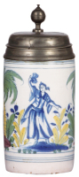 Faience stein, 9.8'' ht., mid 1700s, Th&uuml;ringen Walzenkrug, pewter lid dated 1754, pewter tear, body very good condition.