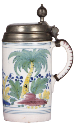 Faience stein, 9.8'' ht., mid 1700s, Thüringen Walzenkrug, pewter lid dated 1754, pewter tear, body very good condition. - 2