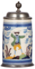 Faience stein, 9.0'' ht., mid 1700s, Bayreuther Walzenkrug, young man, pewter lid & footring, minor short hairlines, upper rim flakes covered by closed lid.
