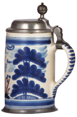 Faience stein, 9.0'' ht., mid 1700s, Bayreuther Walzenkrug, young man, pewter lid & footring, minor short hairlines, upper rim flakes covered by closed lid. - 2