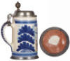 Faience stein, 9.0'' ht., mid 1700s, Bayreuther Walzenkrug, young man, pewter lid & footring, minor short hairlines, upper rim flakes covered by closed lid. - 3