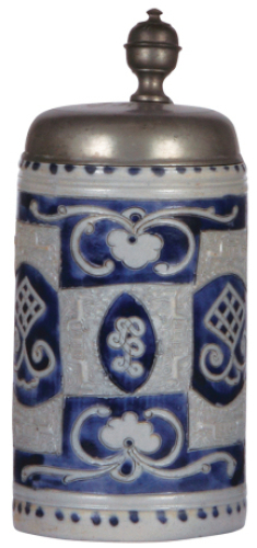 Stoneware stein, 8.5'' ht., late 1700s, Westerw&auml;lder Walzenkrug, applied relief & incised decoration, pewter lid, very good condition.