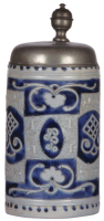 Stoneware stein, 8.5'' ht., late 1700s, Westerw&auml;lder Walzenkrug, applied relief & incised decoration, pewter lid, very good condition.