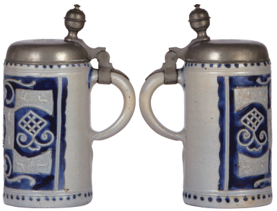 Stoneware stein, 8.5'' ht., late 1700s, Westerwälder Walzenkrug, applied relief & incised decoration, pewter lid, very good condition. - 2
