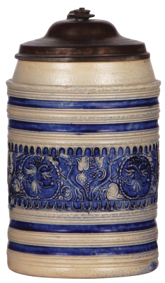 Stoneware stein, 8.6'' ht., late 1600s, Westerwälder Walzenkrug, applied relief, blue saltglaze, pewter lid is a replacement, minor glaze flakes.