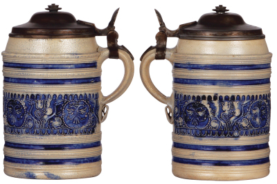 Stoneware stein, 8.6'' ht., late 1600s, Westerwälder Walzenkrug, applied relief, blue saltglaze, pewter lid is a replacement, minor glaze flakes. - 2