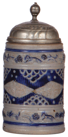 Stoneware stein, 8.5'' ht., mid 1700s, WesterwŠlder Walzenkrug, incised & applied relief, blue saltglaze, pewter lid, good old pewter tear repair, body good condition.