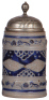Stoneware stein, 8.5'' ht., mid 1700s, Westerw&Scaron;lder Walzenkrug, incised & applied relief, blue saltglaze, pewter lid, good old pewter tear repair, body good condition.