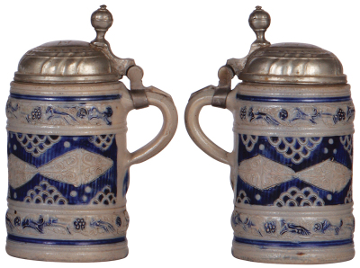Stoneware stein, 8.5'' ht., mid 1700s, WesterwŠlder Walzenkrug, incised & applied relief, blue saltglaze, pewter lid, good old pewter tear repair, body good condition. - 2