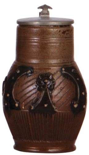 Stoneware stein, 7.0'' ht., mid 1800s, Muskauer Birnkrug, brown saltglazes, pewter lid, glaze flakes.