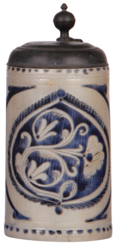 Stoneware stein, 9.8'' ht., late 1700s, Westerw&Scaron;lder Walzenkrug, incised, blue saltglaze, pewter lid, good repair of pewter strap & tear, body good condition.