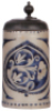 Stoneware stein, 9.8'' ht., late 1700s, Westerw&Scaron;lder Walzenkrug, incised, blue saltglaze, pewter lid, good repair of pewter strap & tear, body good condition.