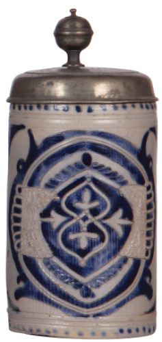 Stoneware stein, 10.2'' ht., mid 1700s, Westerw&Scaron;lder Walzenkrug, relief & incised, blue saltglaze, pewter lid dated 1811, lid is an old correct replacement.