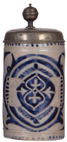 Stoneware stein, 10.2'' ht., mid 1700s, Westerw&Scaron;lder Walzenkrug, relief & incised, blue saltglaze, pewter lid dated 1811, lid is an old correct replacement.
