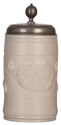 Stoneware stein, 9.5'' ht., mid 1700s, Altenburger Walzenkrug, double coat-of -arms & floral, pewter lid dated 1761, faint 3'' hairline on side, small base chip.