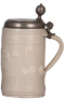 Stoneware stein, 9.5'' ht., mid 1700s, Altenburger Walzenkrug, double coat-of -arms & floral, pewter lid dated 1761, faint 3'' hairline on side, small base chip. - 2