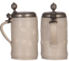 Stoneware stein, 9.5'' ht., mid 1700s, Altenburger Walzenkrug, double coat-of -arms & floral, pewter lid dated 1761, faint 3'' hairline on side, small base chip. - 3