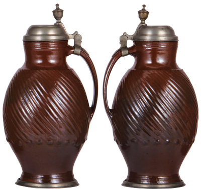 Stoneware stein, 13.5'' ht., c.1800, Bunzlauer Melonenkrug, brown glaze, pewter lid & footring, lid dated 1807, minor pewter tear, body very good condition. - 2
