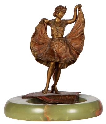 Bronze figure, 6.9'' x 6.5'', c.1900, Austrian, nude dancing woman on marble base, cold-painted, Vienna bronze, dress opens on a hinge, very good condition. 