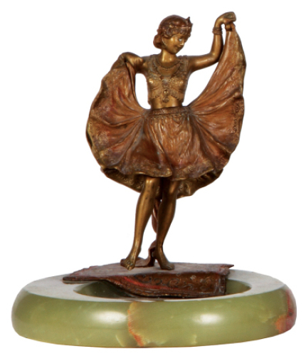 Bronze figure, 6.9'' x 6.5'', c.1900, Austrian, nude dancing woman on marble base, cold-painted, Vienna bronze, dress opens on a hinge, very good condition.&nbsp;