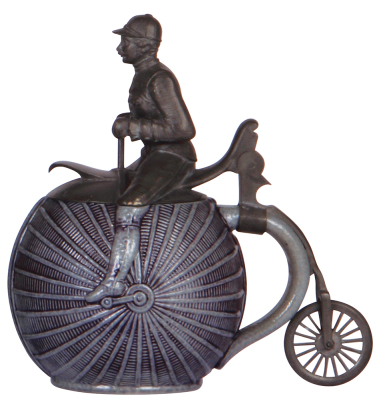 Character stein, .5L, stoneware, blue saltglaze, High-Wheel Bicycle, pewter figural lid, mint.