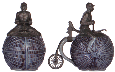 Character stein, .5L, stoneware, blue saltglaze, High-Wheel Bicycle, pewter figural lid, mint. - 2
