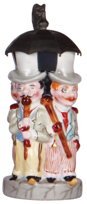 Character stein, .5L, porcelain, marked Musterschutz, by Schierholz, Umbrella Men, one umbrella bead missing, otherwise mint.