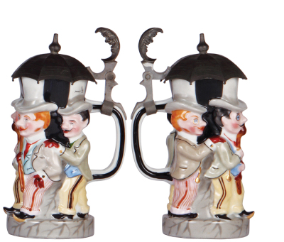 Character stein, .5L, porcelain, marked Musterschutz, by Schierholz, Umbrella Men, one umbrella bead missing, otherwise mint. - 2