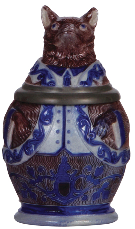 Character stein, .5L, stoneware, marked 806, by Marzi & Remy, Fox, blue & purple salt glazes, mint.