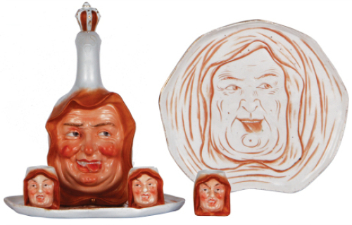 Porcelain Character bottle, 8.0'' ht., marked: E. Bohne S&scaron;hne, Monk, with face on tray & three schnapps cups, all excellent condition.