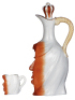 Porcelain Character bottle, 8.0'' ht., marked: E. Bohne S&scaron;hne, Monk, with face on tray & three schnapps cups, all excellent condition. - 2