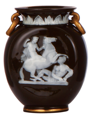 Minton or George Jones porcelain vase, 4.1'' ht., marked: 5635, pate-sur-pate, dark brown, excellent condition.   