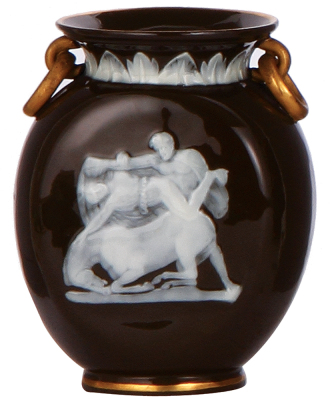 Minton or George Jones porcelain vase, 4.1'' ht., marked: 5635, pate-sur-pate, dark brown, excellent condition.    - 2
