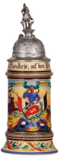 Regimental stein, .5L, 11.5'' ht., pottery, 2. Esk., Drag. Regt. No. 5, Hofgeismar, 1905 - 1908, two side scenes, roster, eagle thumblift, named to: Reserv. Pasold, mint.