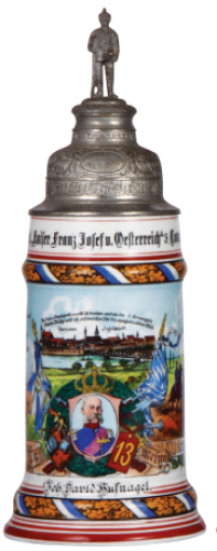 Regimental stein, .5L, 11.5'' ht., porcelain, 3. Comp., bayr, Inft. Regt. Nr. 13, Ingolstadt, 1906 - 1908, two side scenes, lion thumblift, named to: Joh. David Hufnagel, under handle; Gruss aus M&uuml;nchen, Erinnerung an mein Commando, lines in lithophane, o
