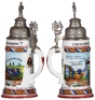 Regimental stein, .5L, 11.5'' ht., porcelain, 3. Comp., bayr, Inft. Regt. Nr. 13, Ingolstadt, 1906 - 1908, two side scenes, lion thumblift, named to: Joh. David Hufnagel, under handle; Gruss aus M&uuml;nchen, Erinnerung an mein Commando, lines in lithophane, o - 2