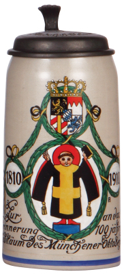 Stoneware stein, 1.0L, transfer & hand-painted, marked: Offizieller Festkrug Oktoberfest 1910, by F. Ringer, pewter lid, by L. Mory, engraved: with compliments of Rudolph Oelsner, mint.