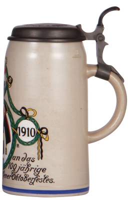 Stoneware stein, 1.0L, transfer & hand-painted, marked: Offizieller Festkrug Oktoberfest 1910, by F. Ringer, pewter lid, by L. Mory, engraved: with compliments of Rudolph Oelsner, mint. - 2