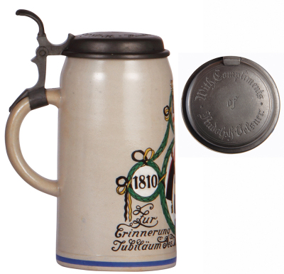 Stoneware stein, 1.0L, transfer & hand-painted, marked: Offizieller Festkrug Oktoberfest 1910, by F. Ringer, pewter lid, by L. Mory, engraved: with compliments of Rudolph Oelsner, mint. - 3