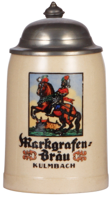 Pottery stein, 10/20L, transfer & hand-painted, marked Marzi & Remy, Markgrafen Bräu, Kulmbach, pewter lid, mint.