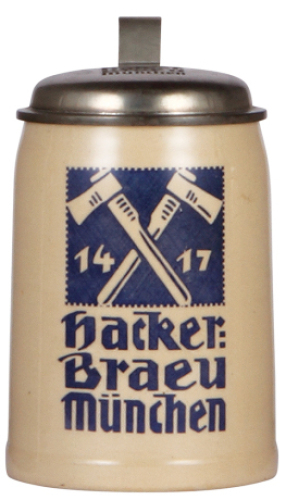 Pottery stein, .4L, transfer & hand-painted, Hacker Braeu M&uuml;nchen, pewter lid: Hacker Braeu M&uuml;nchen, mint.