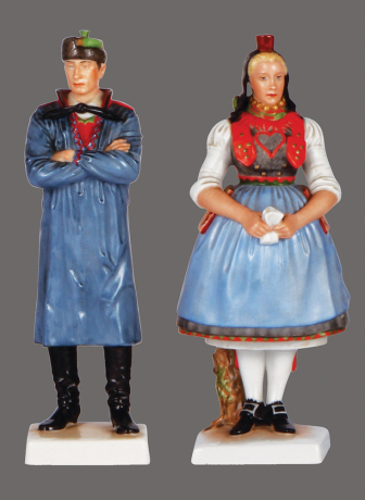 Pair Allach porcelain figurines, 9.0'' ht., marked SS Allach 53, artist: R. Forster; with, 9.0'' ht., marked: SS Allach 54, artist: R. Forster, Hessisches Bauernpaar, mint.