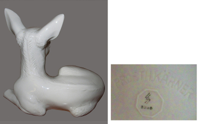 Allach porcelain figure, 6.3'' h., number 41, marked Prof. Th. KŠrner, Lying Fawn, very small flake on bottom edge. - 2