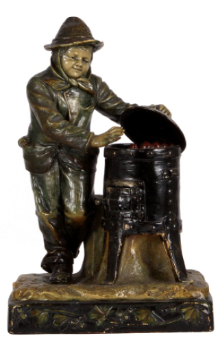 Terra cotta figurine lamp, 17.4'' ht., marked 6086, J.M., Macaroni [chestnut roasting] signed Aug. 1907, small chip, otherwise very good condition.&Ecirc; &Ecirc;&Ecirc;100-300