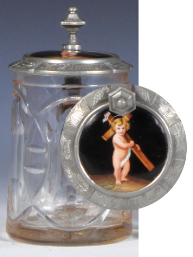 Glass stein, .5L, blown, cut, handpainted porcelain inlaid lid: baby Jesus with cross, excellent quality, very good pewter strap repair, otherwise mint.