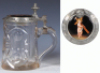 Glass stein, .5L, blown, cut, handpainted porcelain inlaid lid: baby Jesus with cross, excellent quality, very good pewter strap repair, otherwise mint. - 2