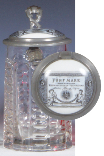 Glass stein, .5L, mold blown, clear, porcelain inlaid lid: F&uuml;nf Mark 1874, mint.
