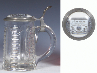 Glass stein, .5L, mold blown, clear, porcelain inlaid lid: Fünf Mark 1874, mint. - 2