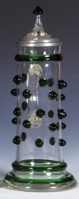 Glass stein, 1.0L, blown, green prunts, matching glass inlaid lid, mint.