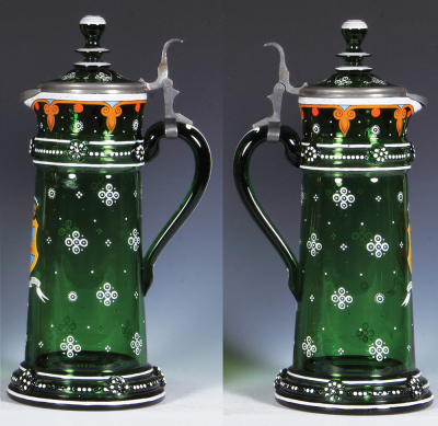 Glass pitcher, 13.0'' ht., blown, green, prunts, hand-painted enamel, matching glass inlaid lid, some small enamel flakes, otherwise mint. - 2